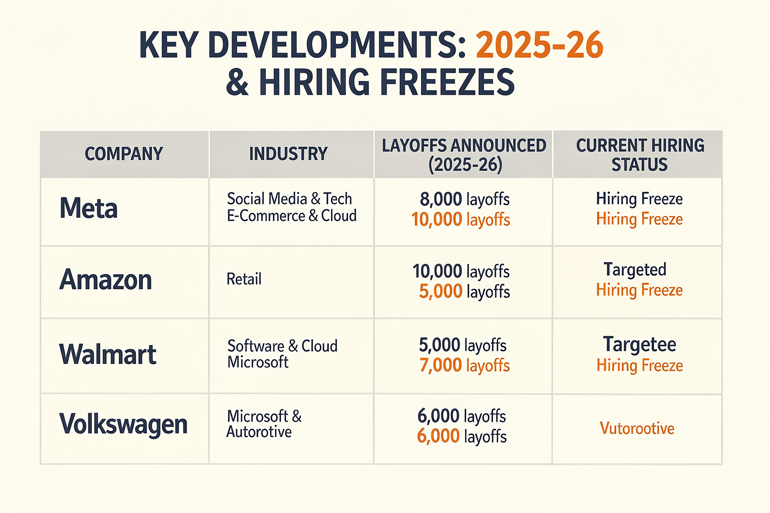 Key Developments: Companies Announcing Major Layoffs & Hiring Freezes (TABLE)