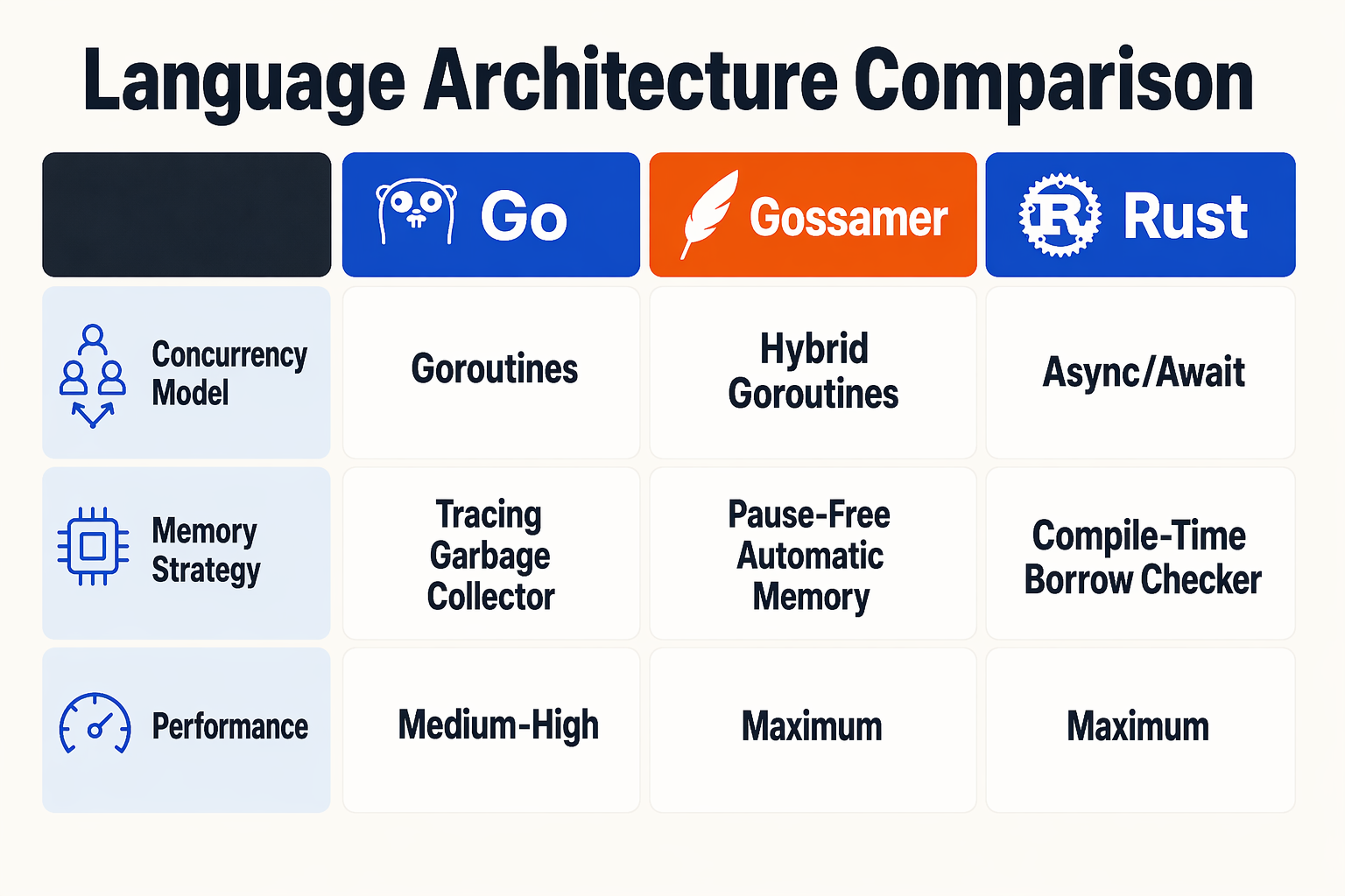 Gossamer vs. Go vs. Rust: Key Developments