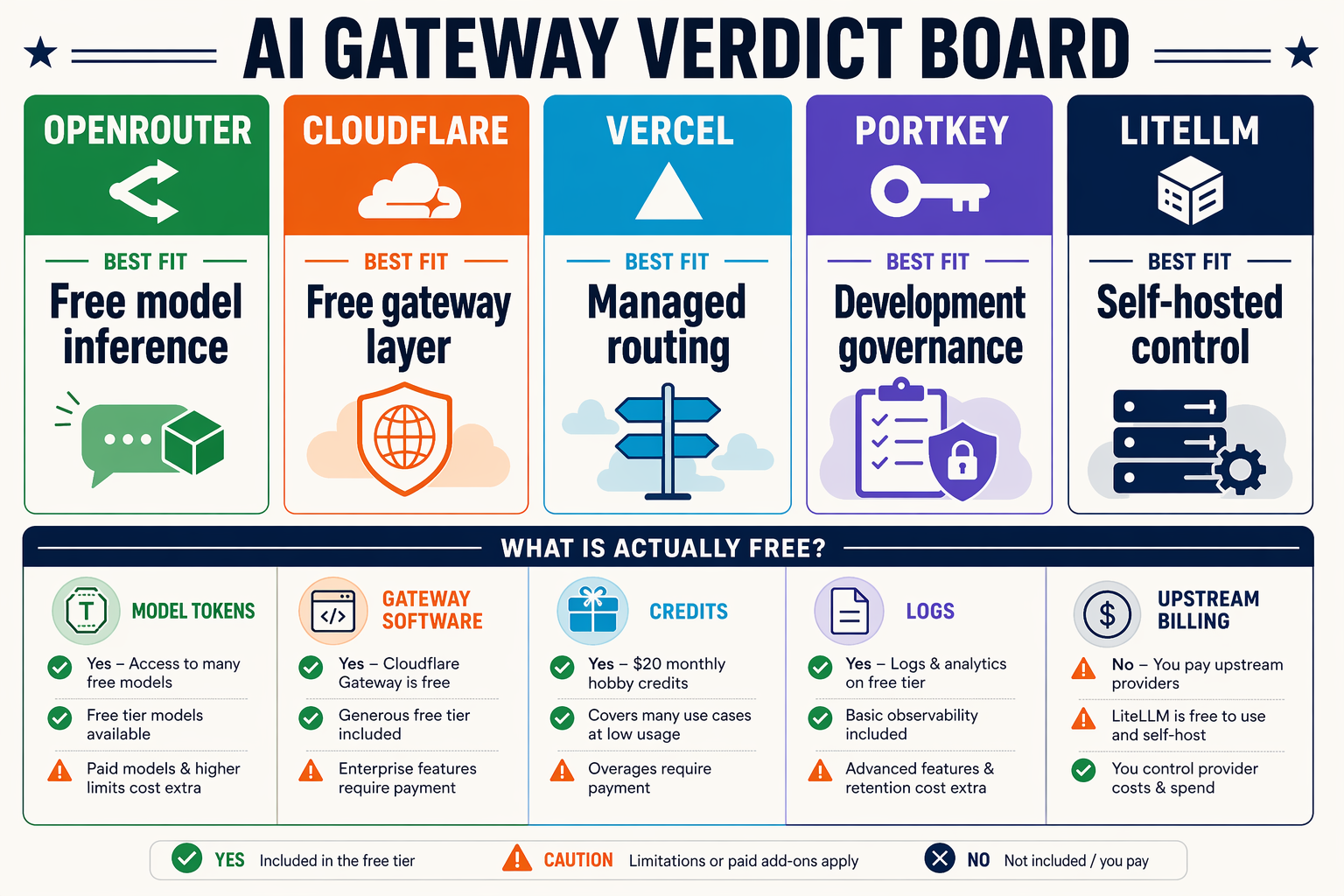 A five-column verdict board comparing AI gateways as colored recommendation cards