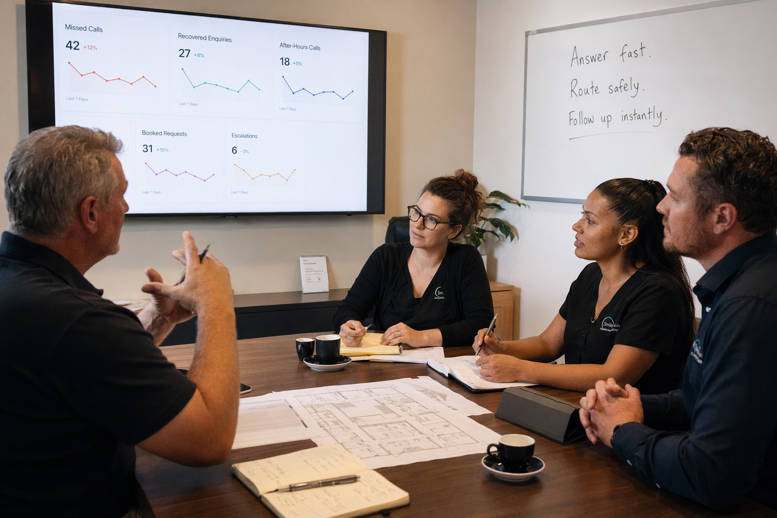 A candid professional scene in a small conference room at a multi-location clinic, showing a clinic owner, office manager,