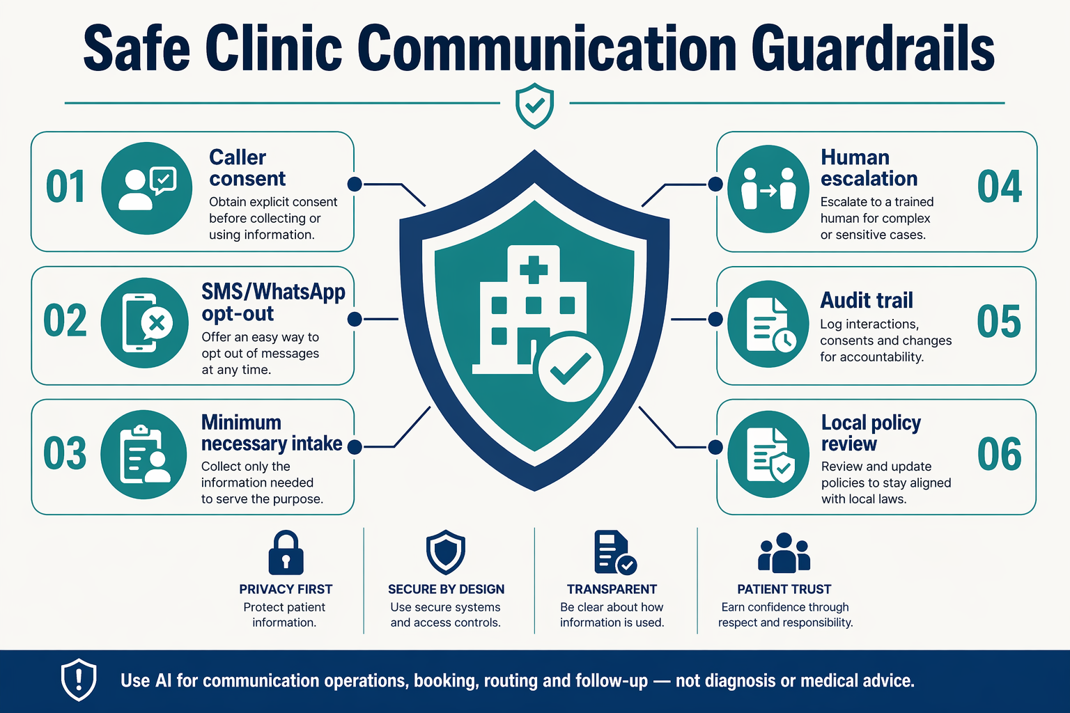 A compliance-aware workflow diagram titled Safe Clinic Communication Guardrails showing a shield in the center connected to