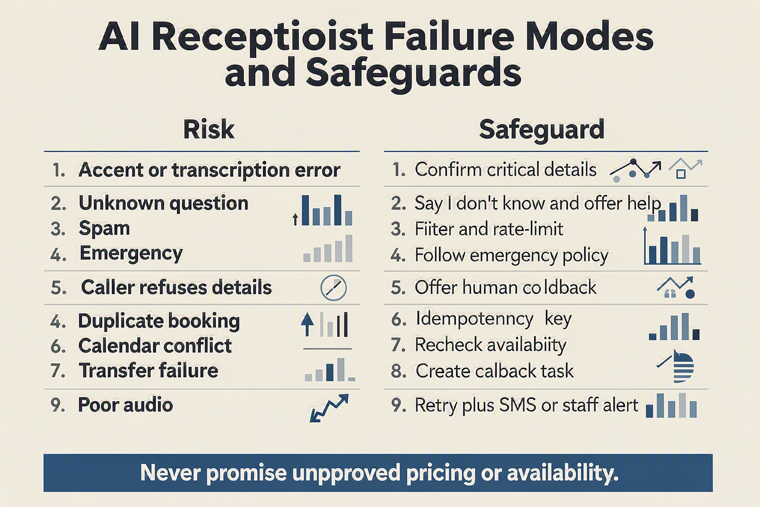 A risk-and-controls infographic titled AI Receptionist Failure Modes and Safeguards arranged as a two-column table