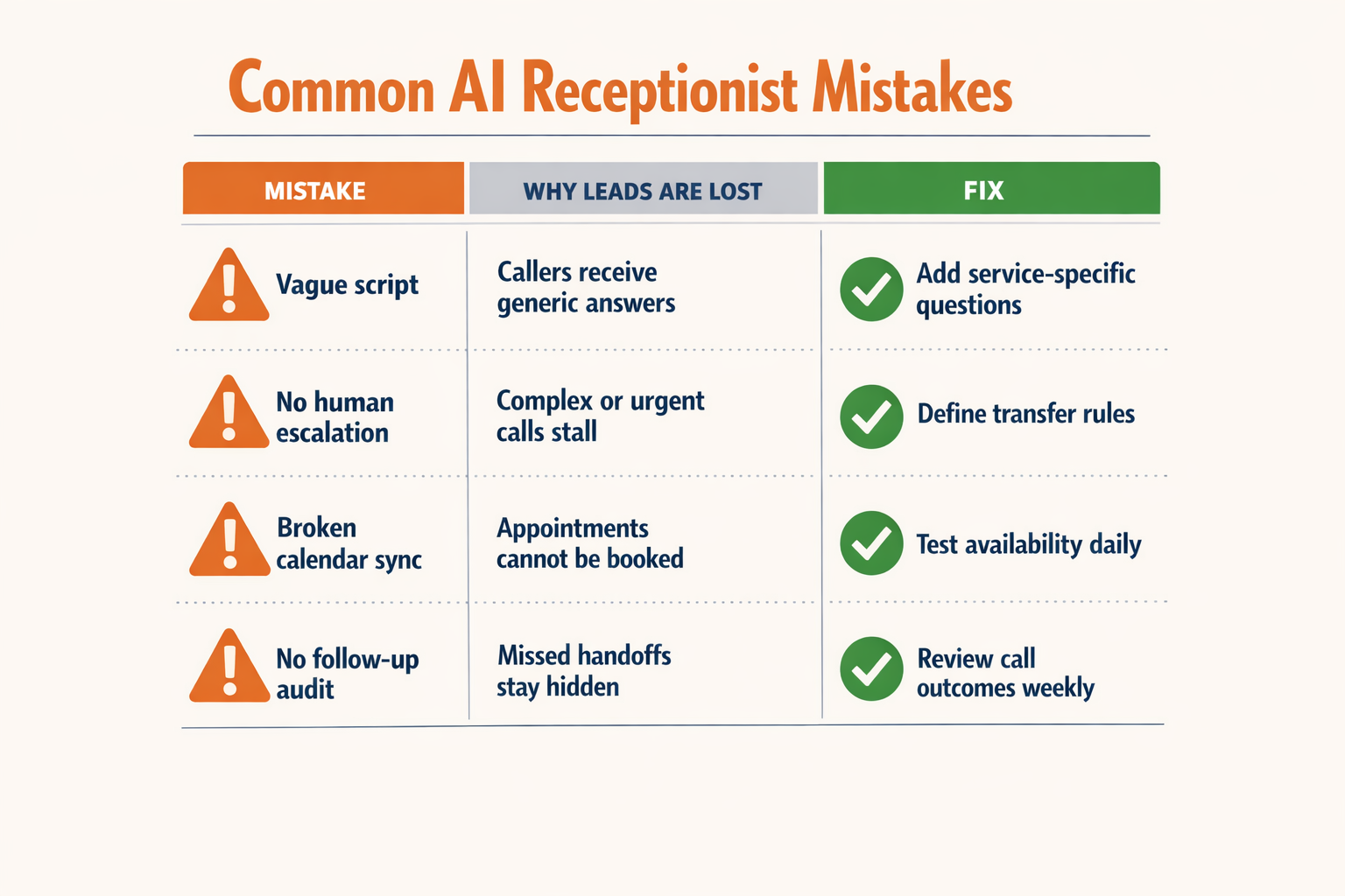 Create a warning-and-solution infographic titled Common AI Receptionist Mistakes with three columns labeled Mistake, Why