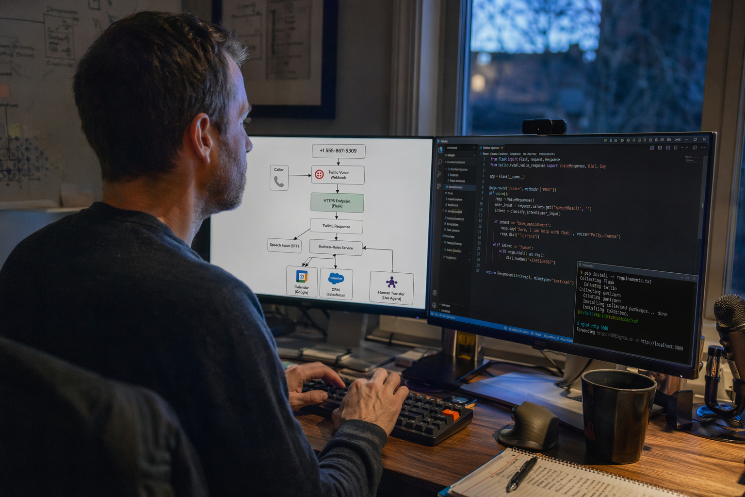 A developer workstation showing a provider-neutral voice architecture diagram on one monitor and a Python Flask project on