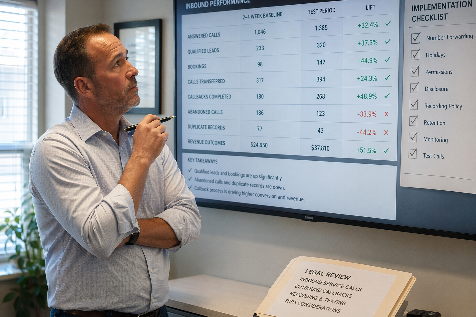 A small-business owner and operations manager reviewing a large wall dashboard in a bright meeting room