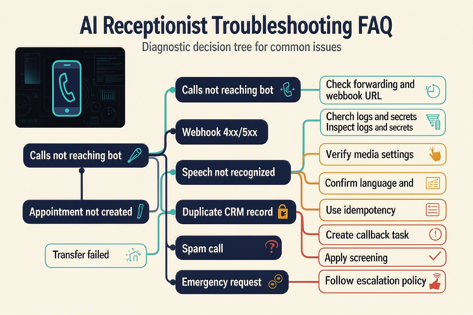A troubleshooting infographic titled AI Receptionist Troubleshooting FAQ built as a diagnostic decision tree