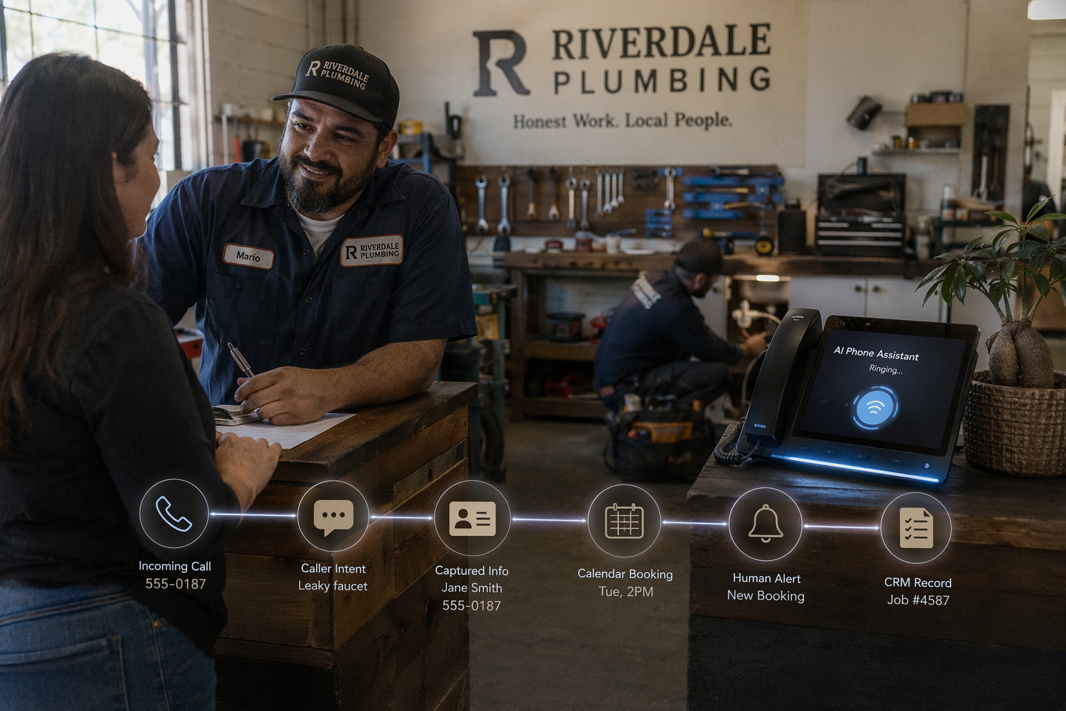 A neighborhood plumbing business during a busy afternoon, with one technician assisting a customer, another worker on a job,