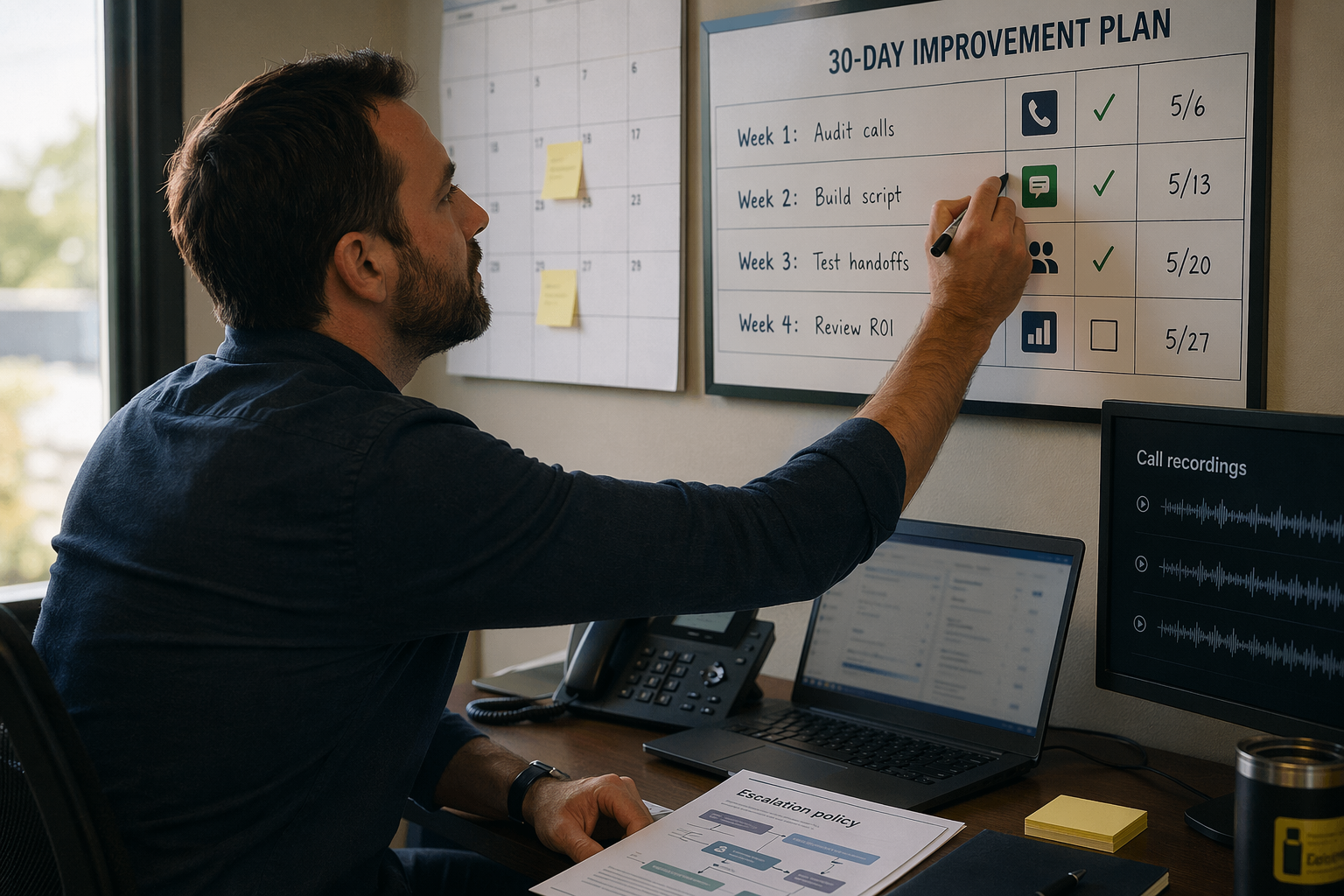 Show a small-business owner completing a 30-day improvement plan on a wall-mounted operations board