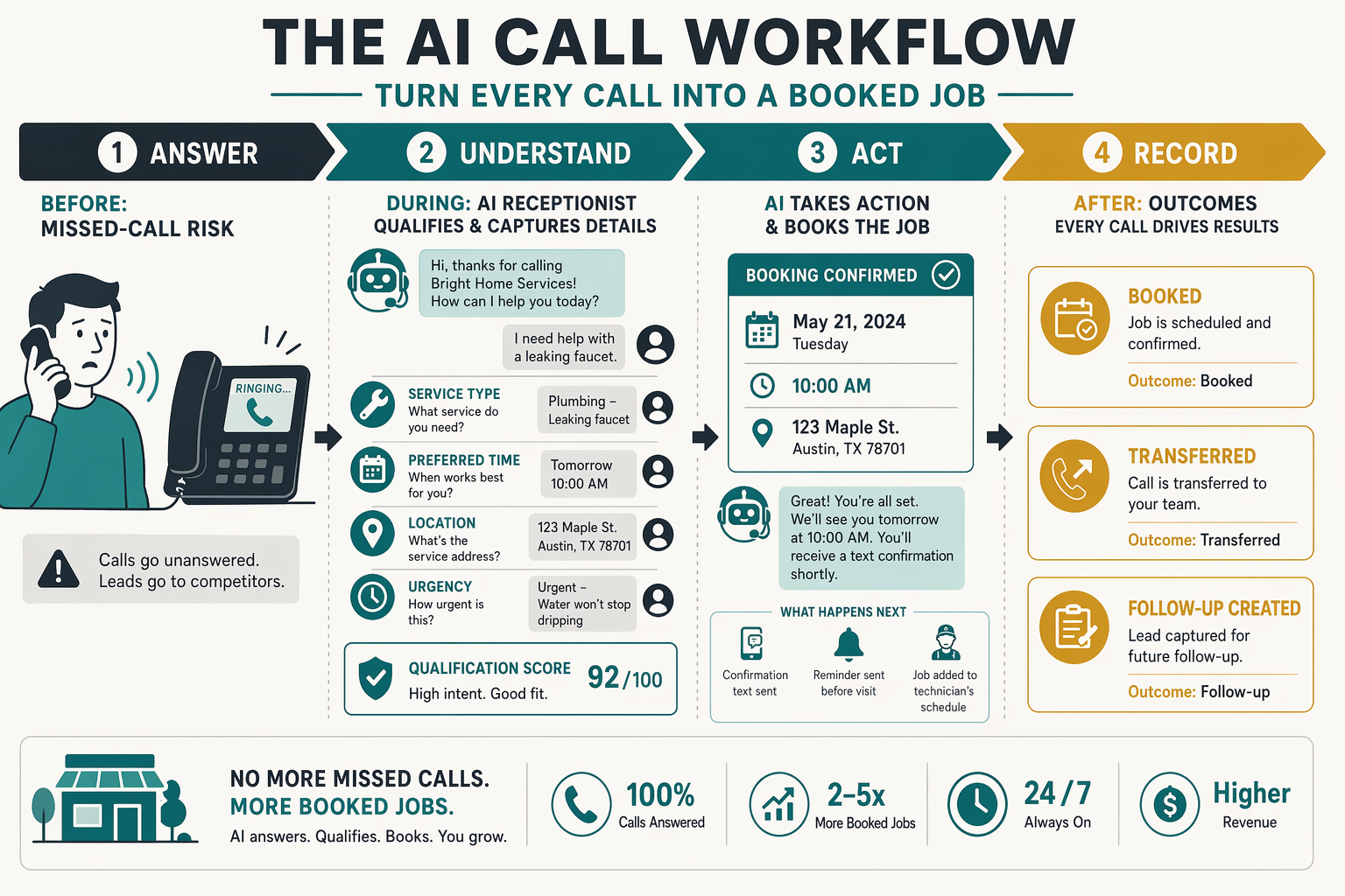 Illustrate a detailed before-during-after call workflow for a local service business