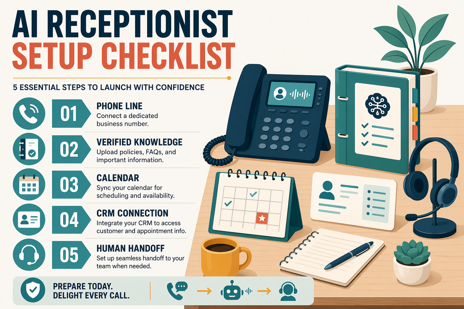 Design a practical setup checklist infographic for a small-business AI receptionist