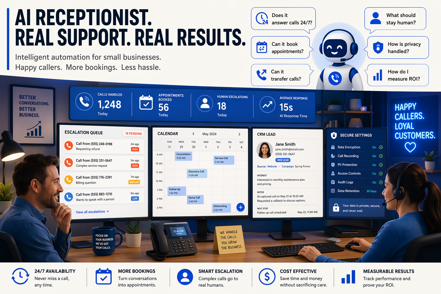 Illustrate a friendly customer-support control room with a small-business owner and an AI receptionist dashboard displaying