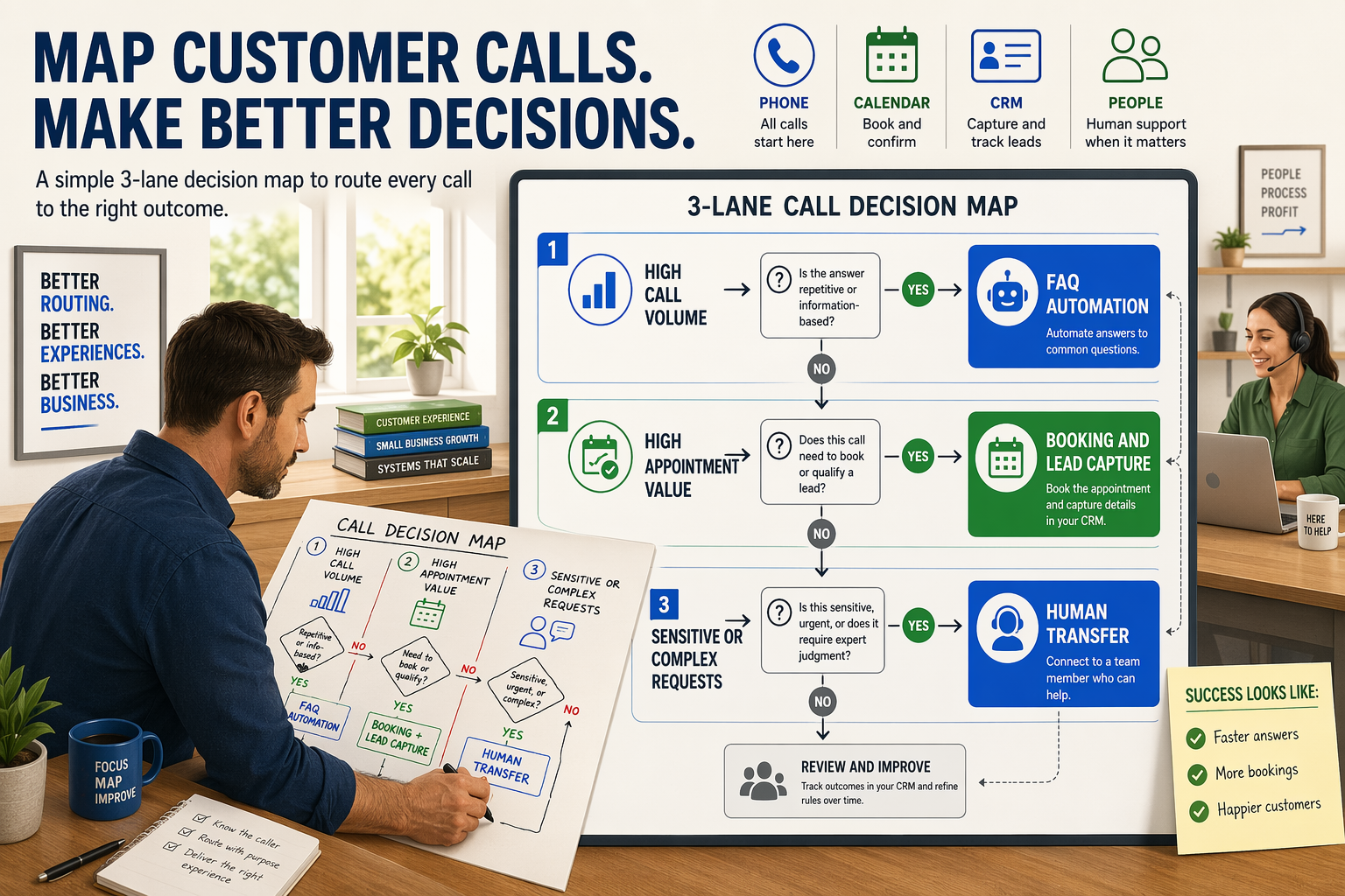 Show a small-business owner at a desk mapping customer calls on a large paper and digital whiteboard