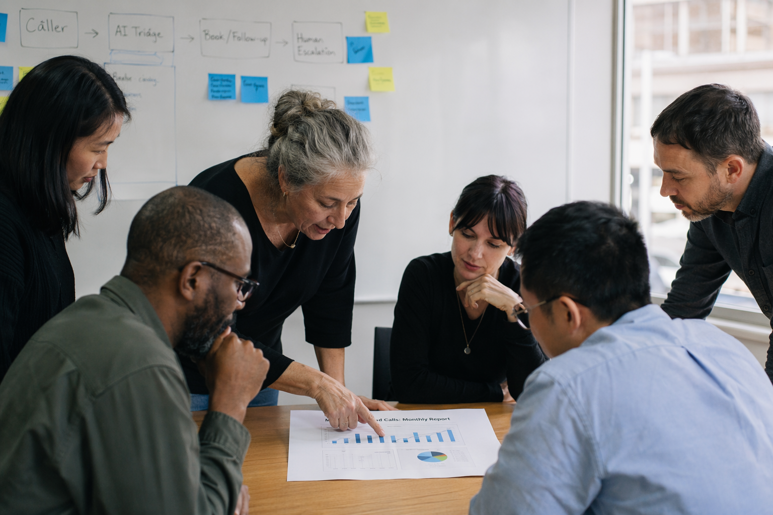 A mid-sized service team huddle in a bright conference room reviewing a printed sheet titled 'Missed Calls: Monthly Report'