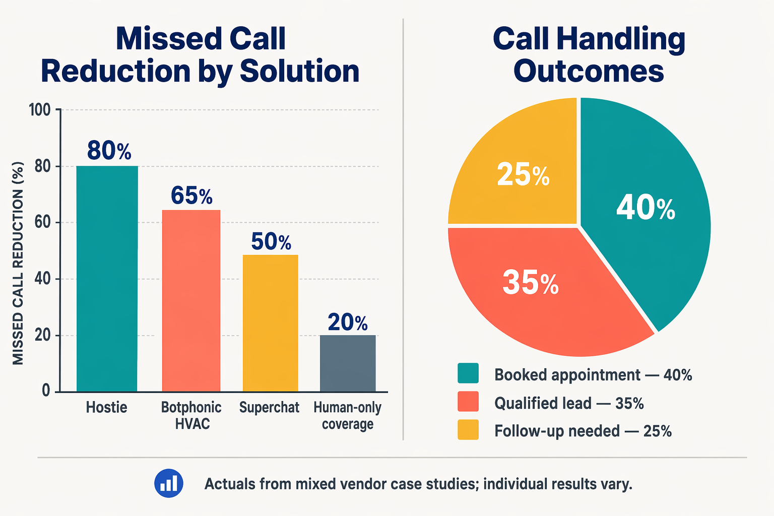 Two-panel infographic: left panel a vertical bar chart titled Missed Call Reduction by Solution with four bars labeled and