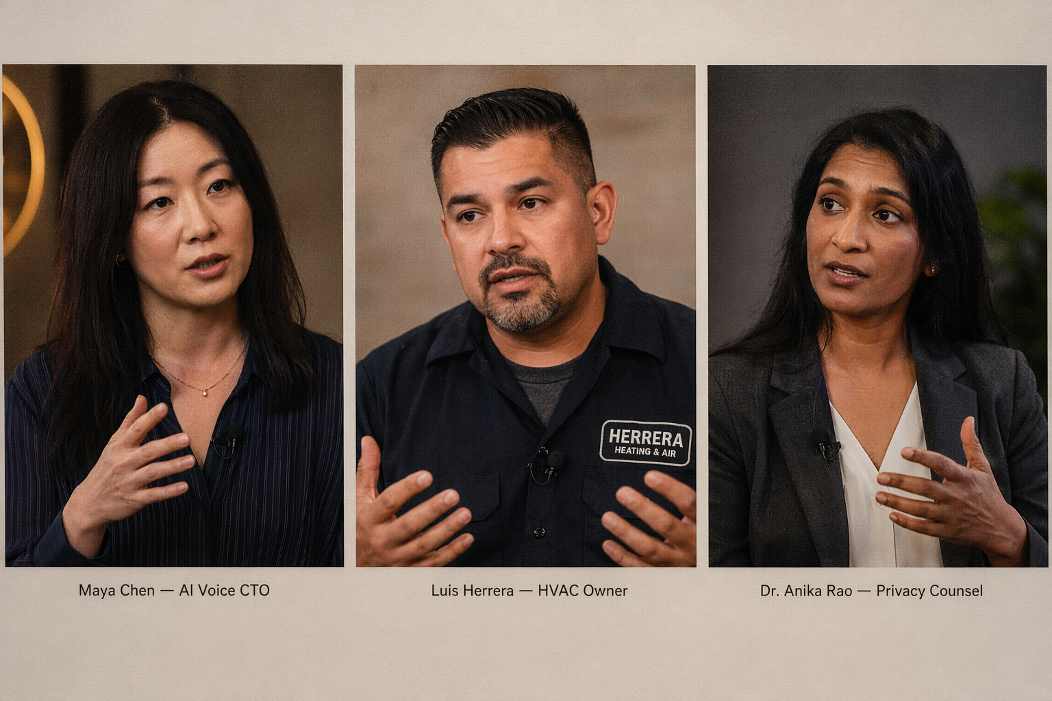 Interview-style photo montage: three framed headshots arranged horizontally against a muted studio backdrop