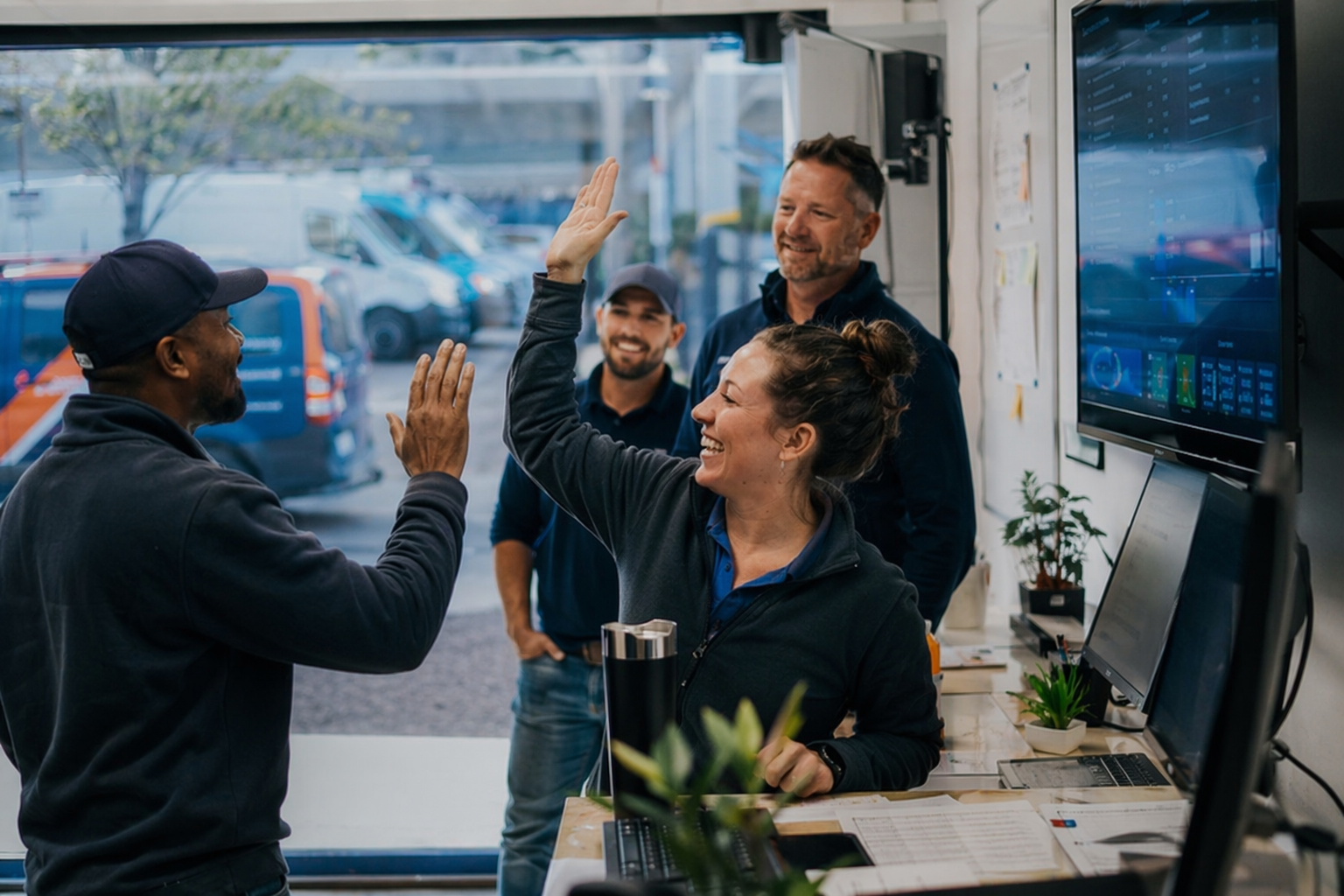 A business-technology narrative photo: a field-service dispatcher at a standing desk celebrating with a small team while a