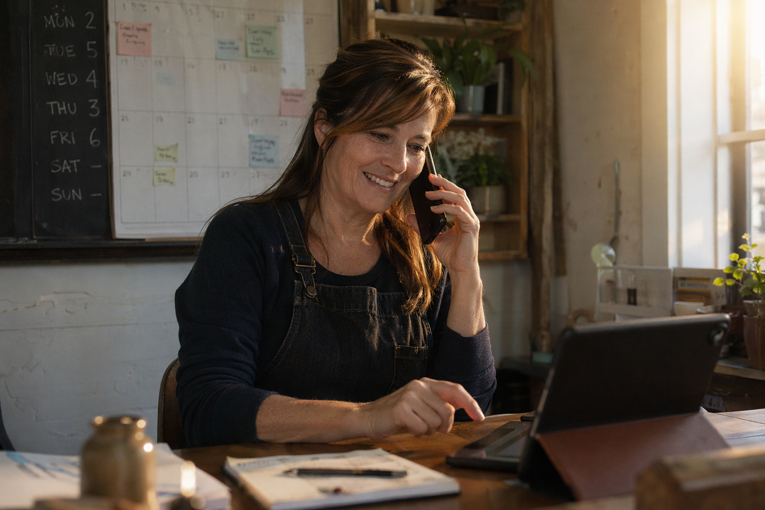 Portrait-style scene of a local business owner answering a ringing smartphone in a small storefront office at golden hour