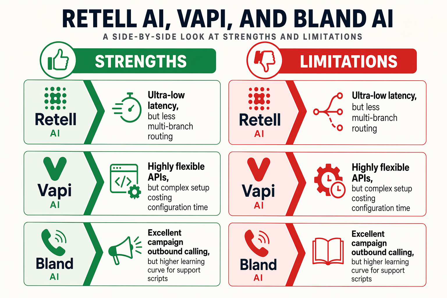 A side-by-side pro and con list infographic layout for Retell AI, Vapi, and Bland AI