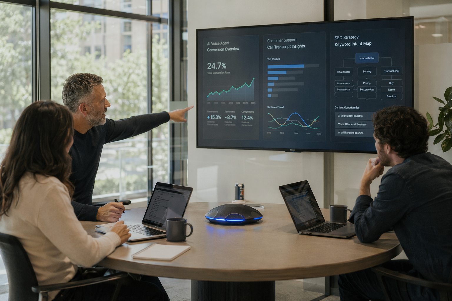 A modern roundtable scene in a glass-walled conference room with three specialists reviewing an AI voice agent strategy: a