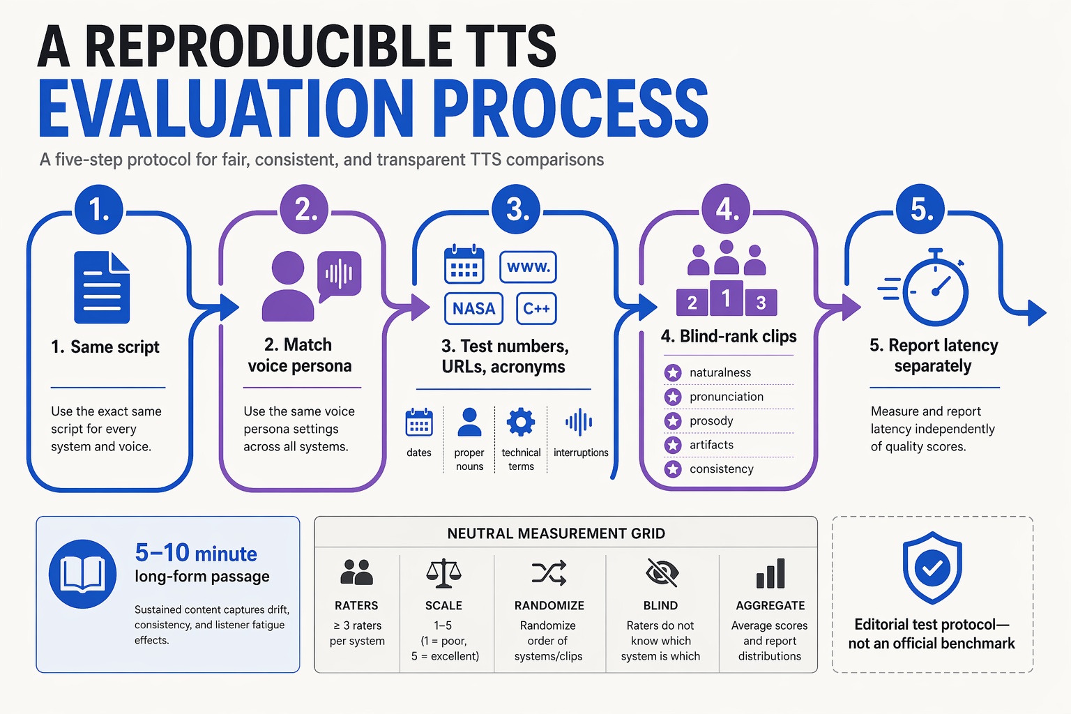 Design a reproducible TTS evaluation process infographic as a five-step flowing path with arrows