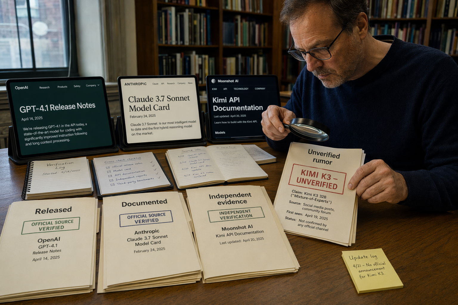 A carefully arranged verification desk in a research library, showing official OpenAI, Anthropic, and Moonshot AI/Kimi