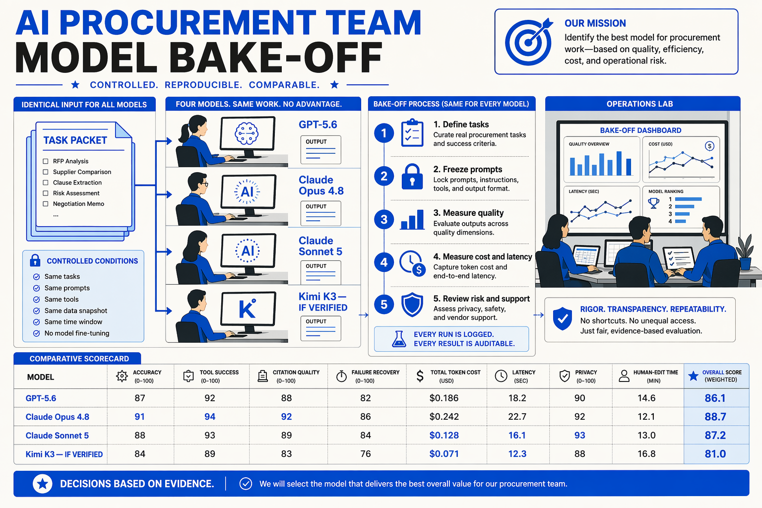 An AI procurement team conducting a controlled model bake-off in a bright operations lab, with identical task packets