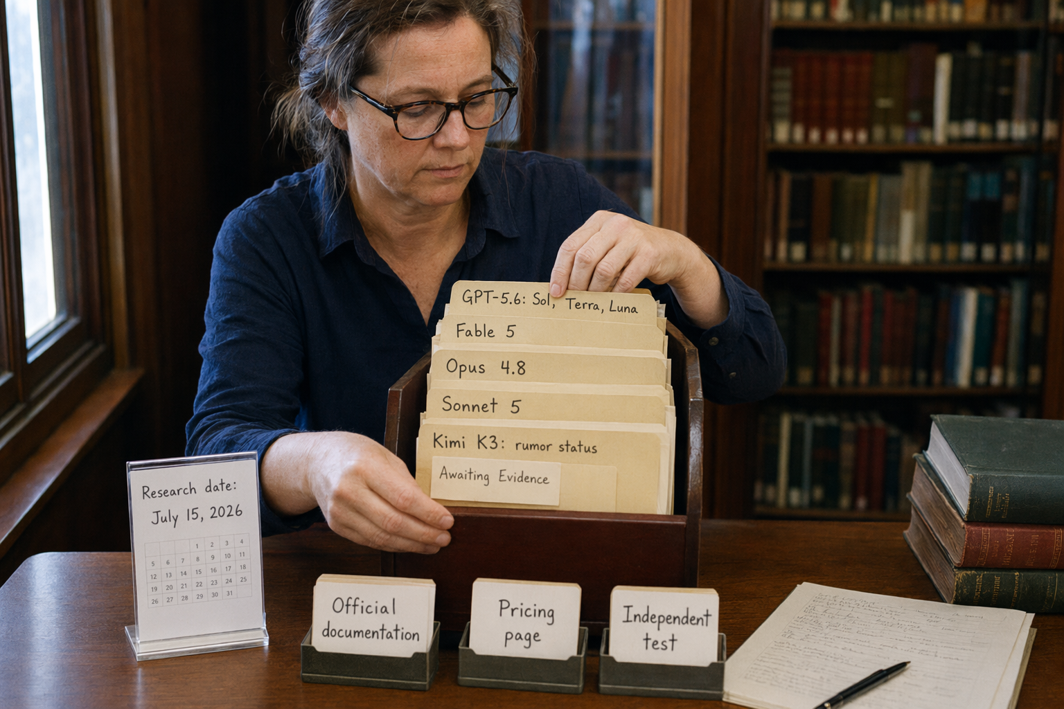A research librarian’s digital archive with separate illuminated evidence folders floating above a polished desk