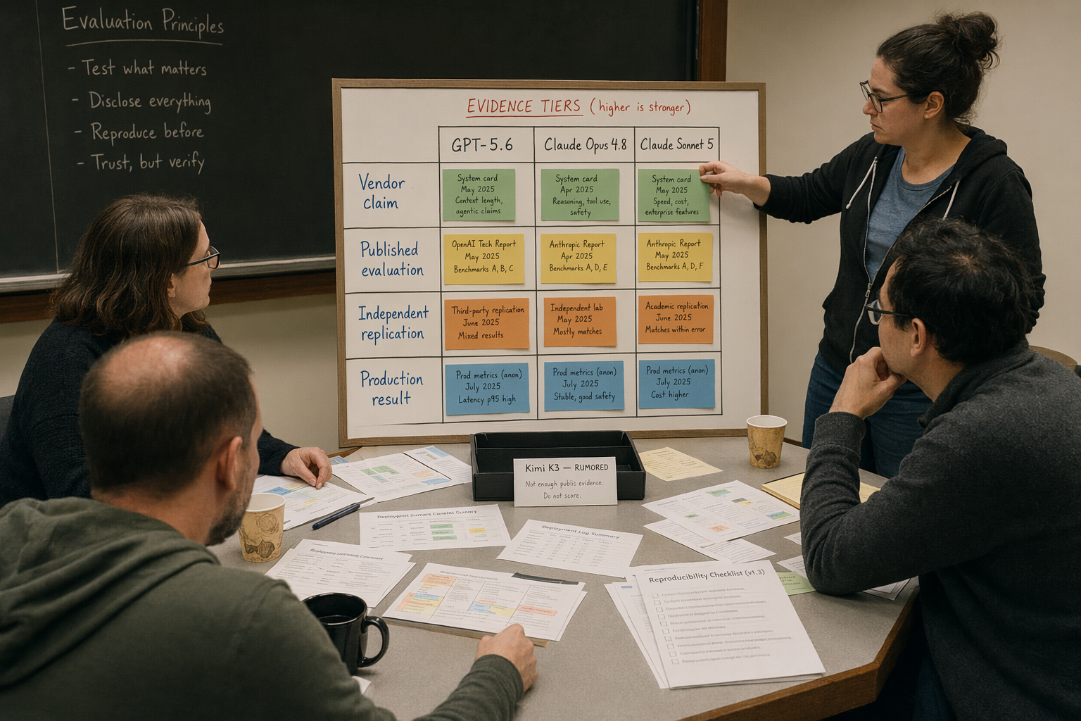 A roundtable of independent AI evaluators in a university-style seminar room, comparing printed benchmark methodology