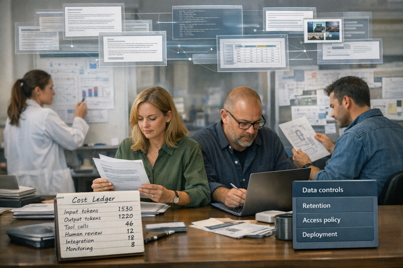 A split-scene enterprise research environment combining a scientist examining charts, a marketing strategist reviewing a