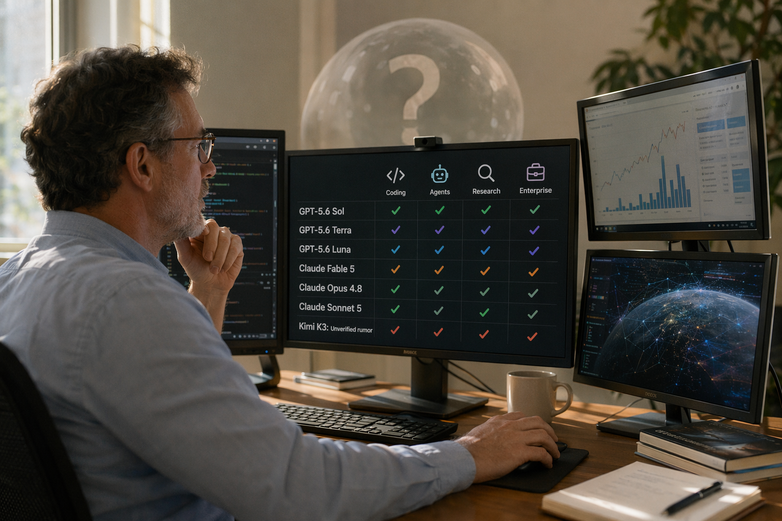 A decisive executive workstation with four monitors arranged around one central recommendation dashboard, showing separate