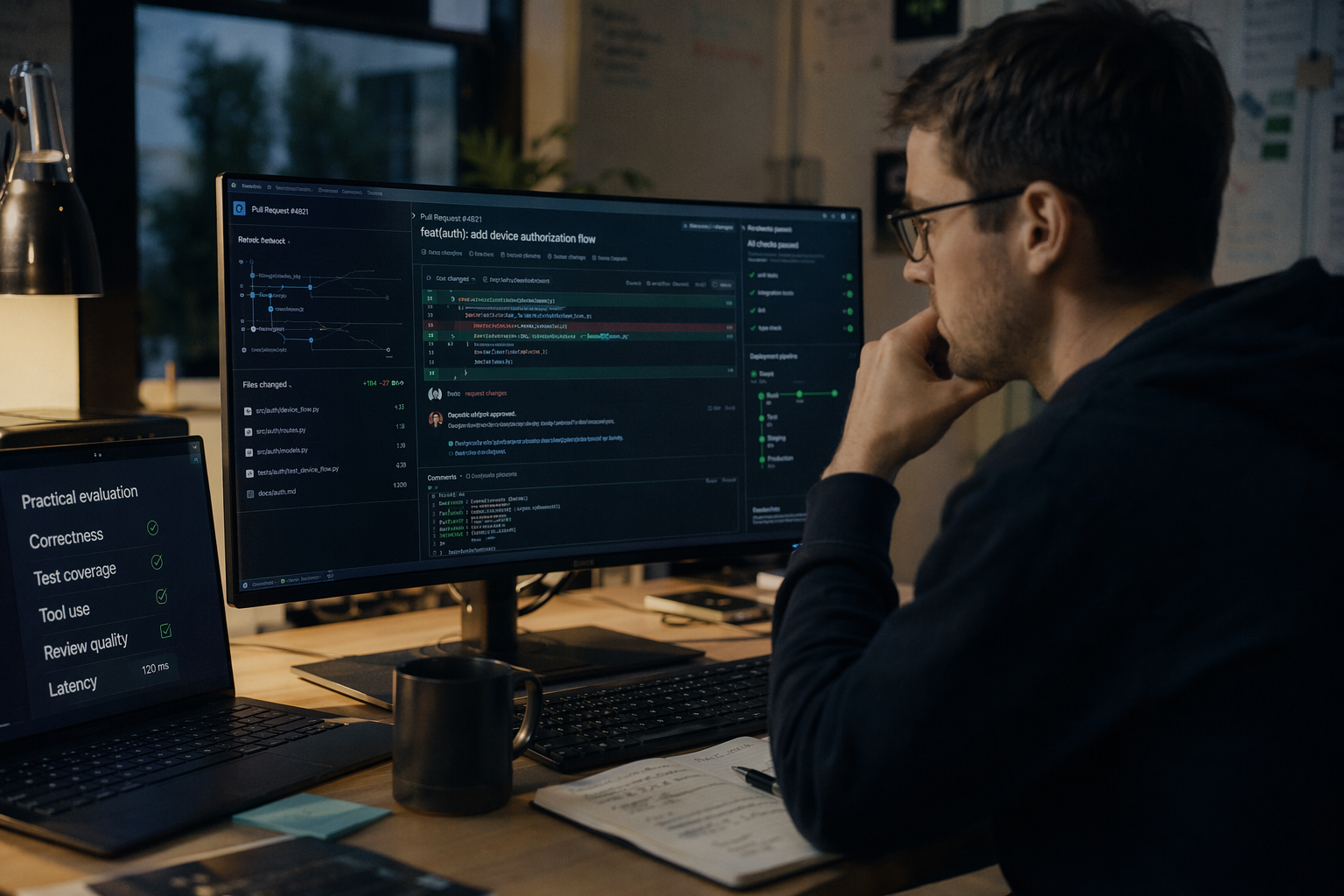 A modern software engineering studio with a developer reviewing a complex pull request on a wide monitor, surrounded by a