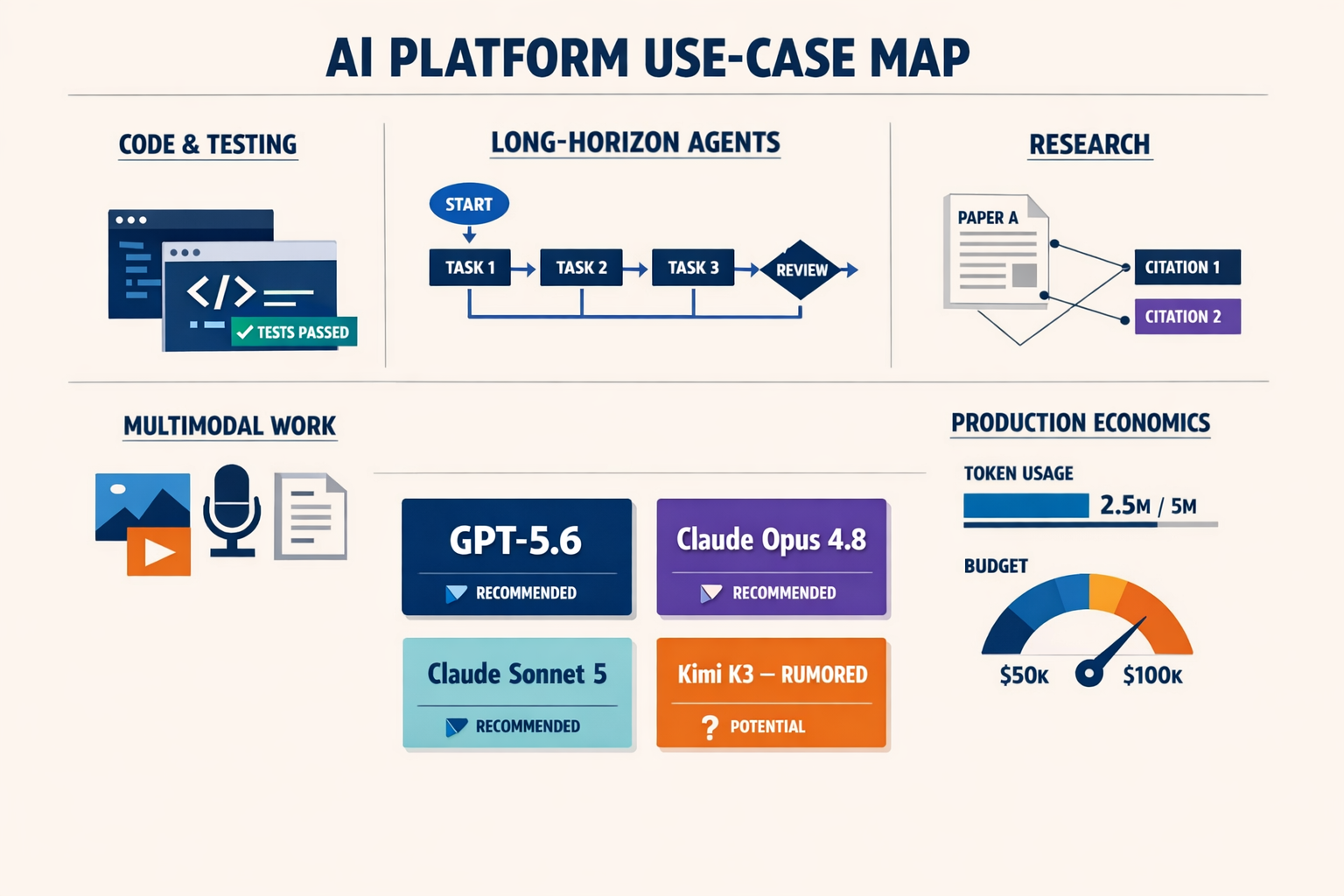 A large wall-mounted use-case map inside an AI platform team’s planning room, organized as five illustrated zones: coding