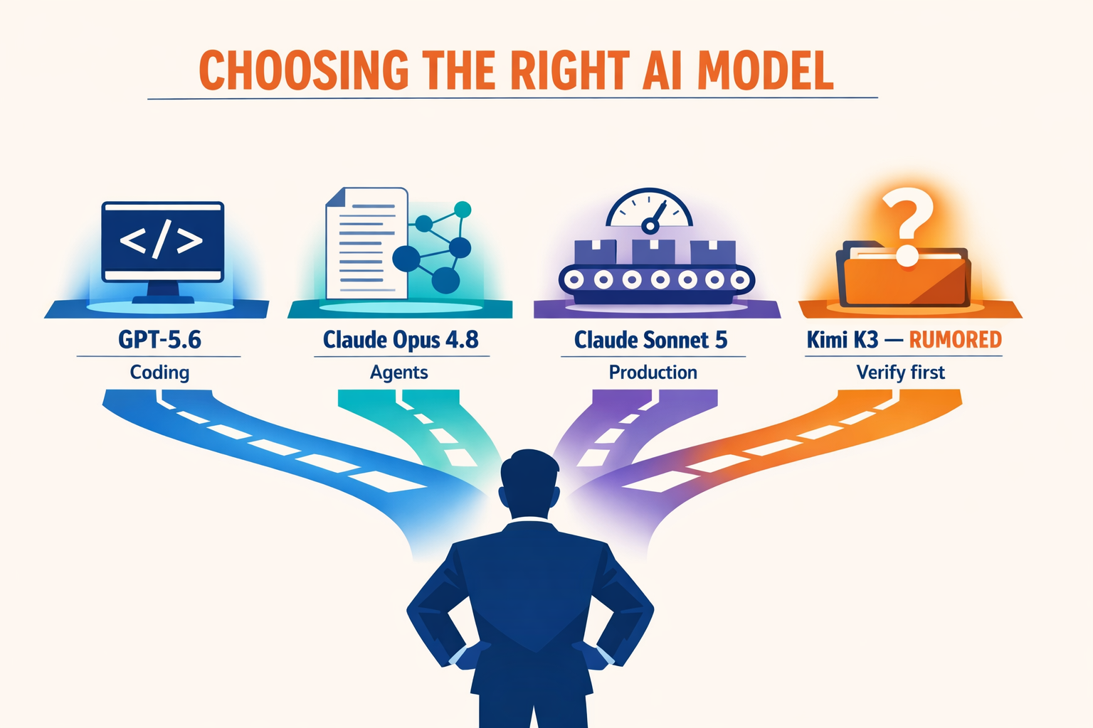 A decision-maker standing before four branching illuminated paths in a contemporary AI operations center, with each path