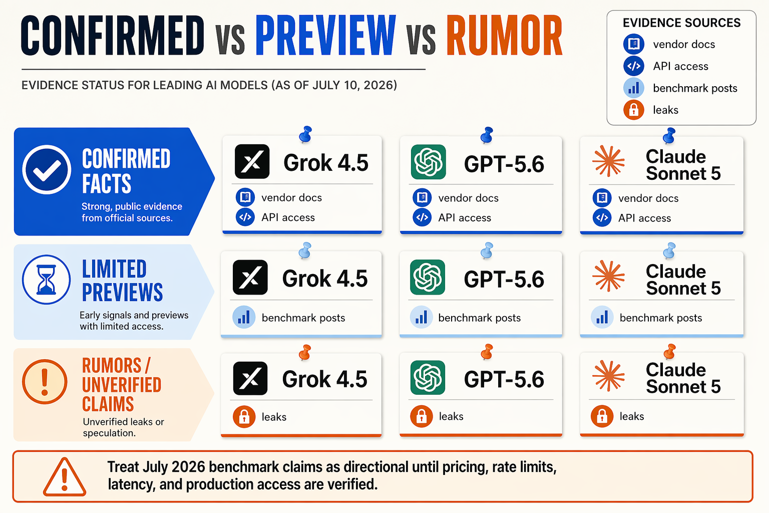Design a three-lane evidence-status infographic titled Confirmed vs Preview vs Rumor