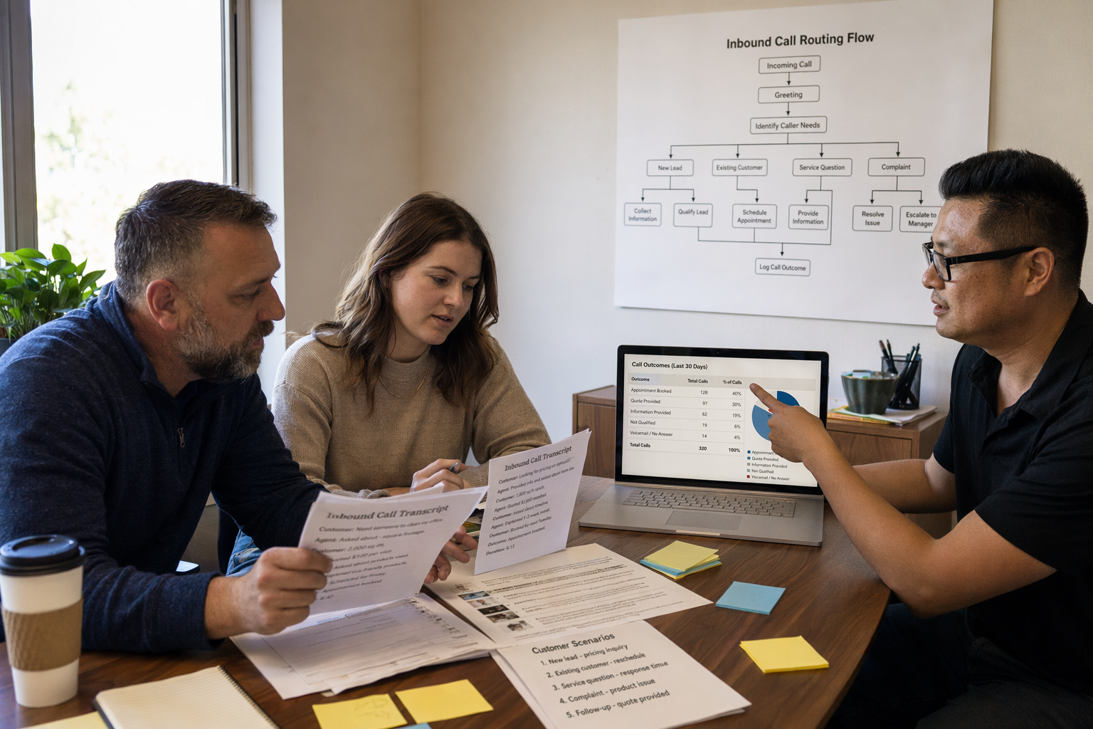 A professional roundtable scene in a small-business advisory workshop, with a local business owner, operations manager, and