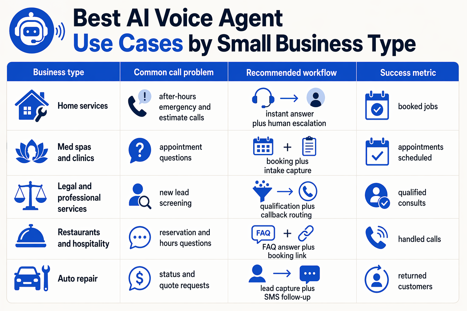 Create a practical use-case table titled Best AI Voice Agent Use Cases by Small Business Type