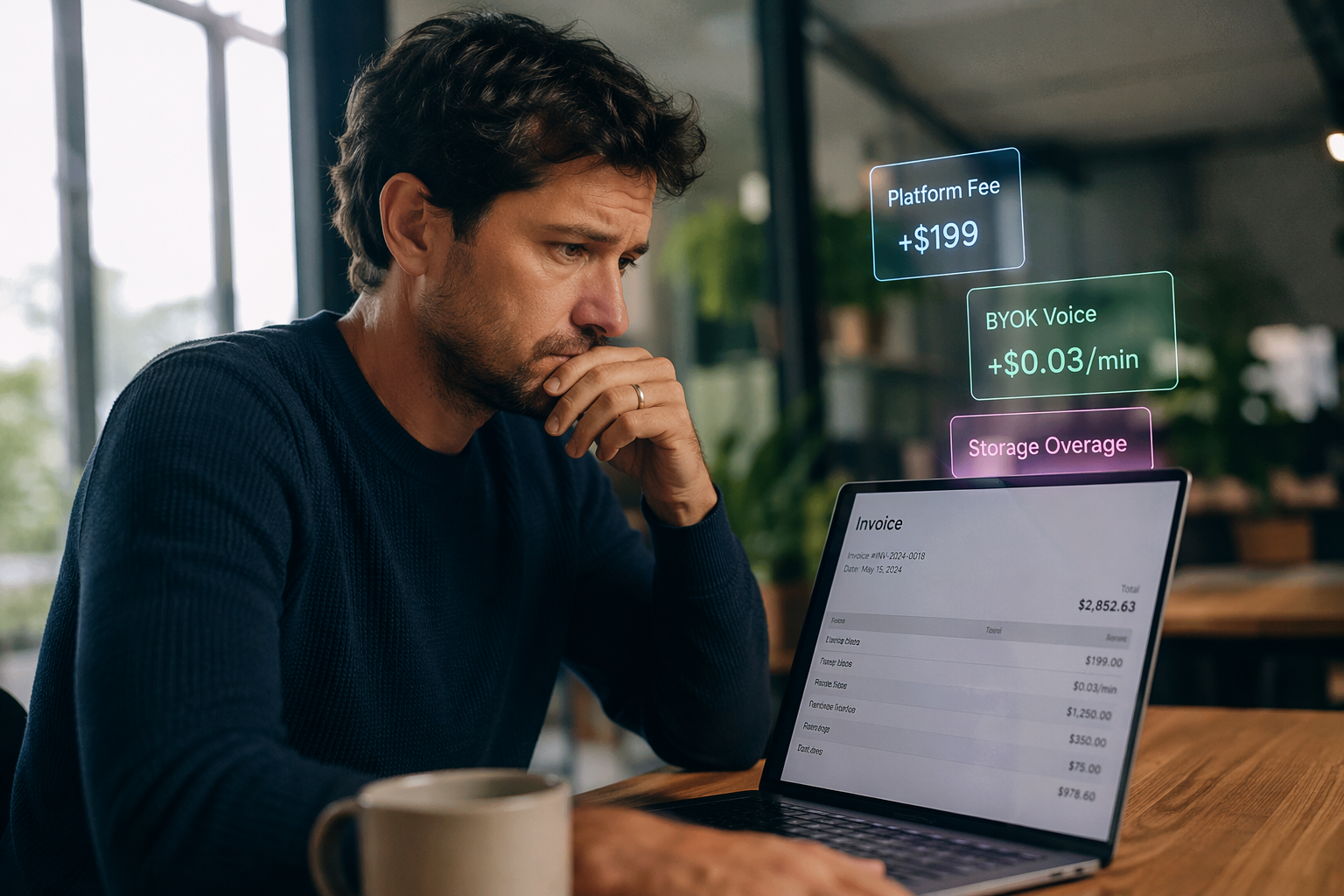 A realistic editorial photograph of a small-business owner seated at a minimalist wooden desk reviewing an invoice on a