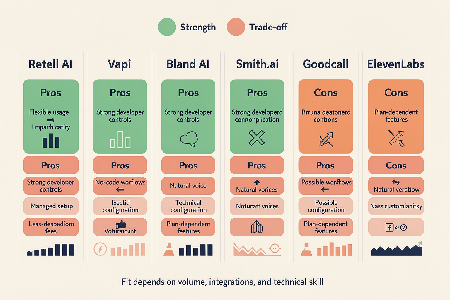 A balanced six-column pros-and-cons infographic for Retell AI, Vapi, Bland AI, Smith.ai, Goodcall, and ElevenLabs