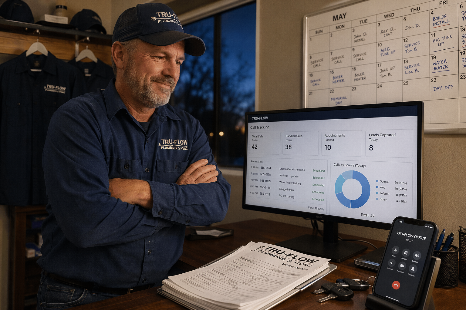 A realistic scene showing a small plumbing or HVAC business owner standing in a quiet office at dusk, looking relieved as a