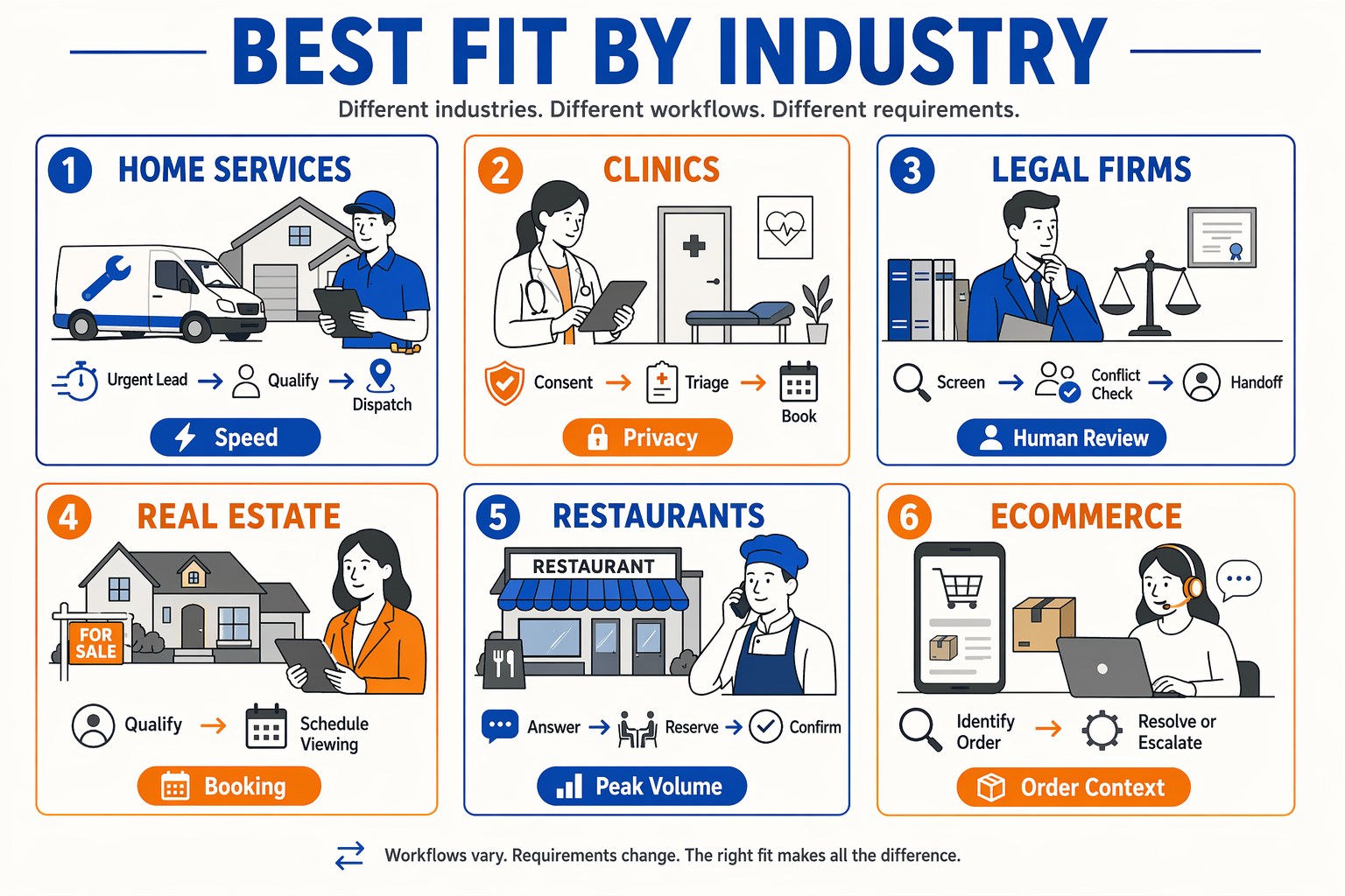 Design an industry-fit comparison infographic titled BEST FIT BY INDUSTRY with six illustrated panels labeled Home Services,
