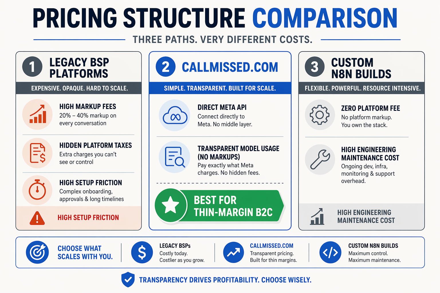 A pricing structure comparison chart with three distinct cards