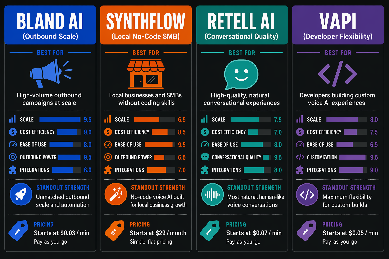 A structured side-by-side comparison infographic with four vertical columns, each representing a platform