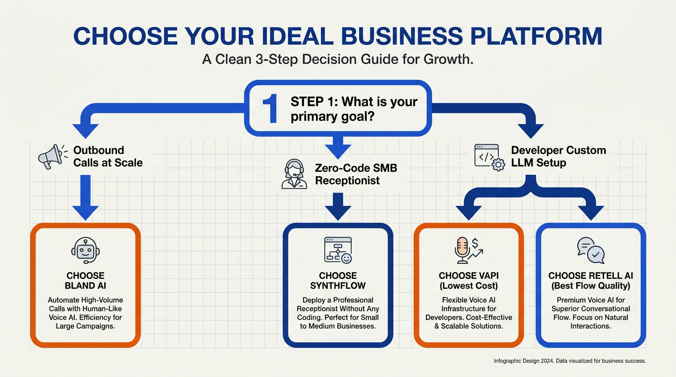 A clean, interactive 3-step decision tree flowchart infographic guiding business owners to their ideal platform