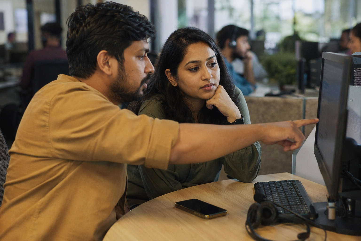 Inside a bright multilingual customer-support studio in India, a supervisor listens to a live AI-assisted call while a wall