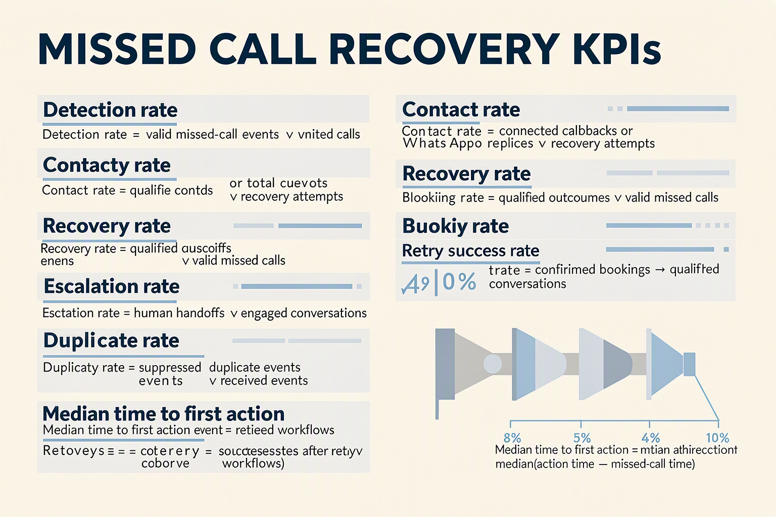 An analytics formula-board infographic titled MISSED CALL RECOVERY KPIs with eight clearly separated metric cards
