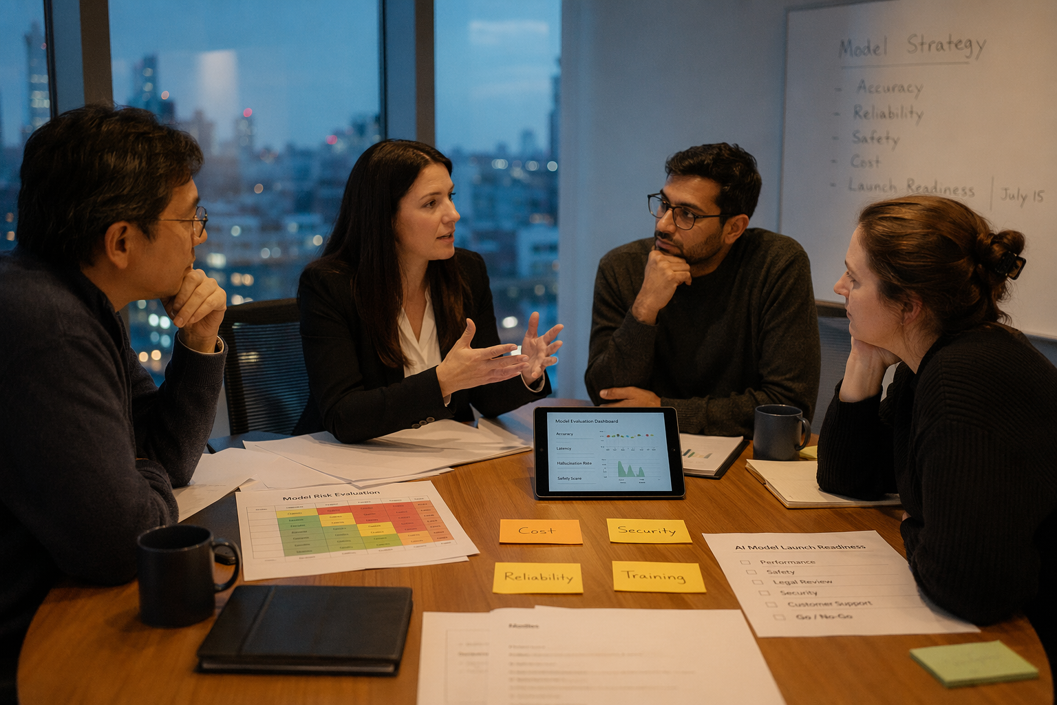 A roundtable scene in a modern boardroom where a CIO, legal counsel, customer support leader, and AI product manager discuss