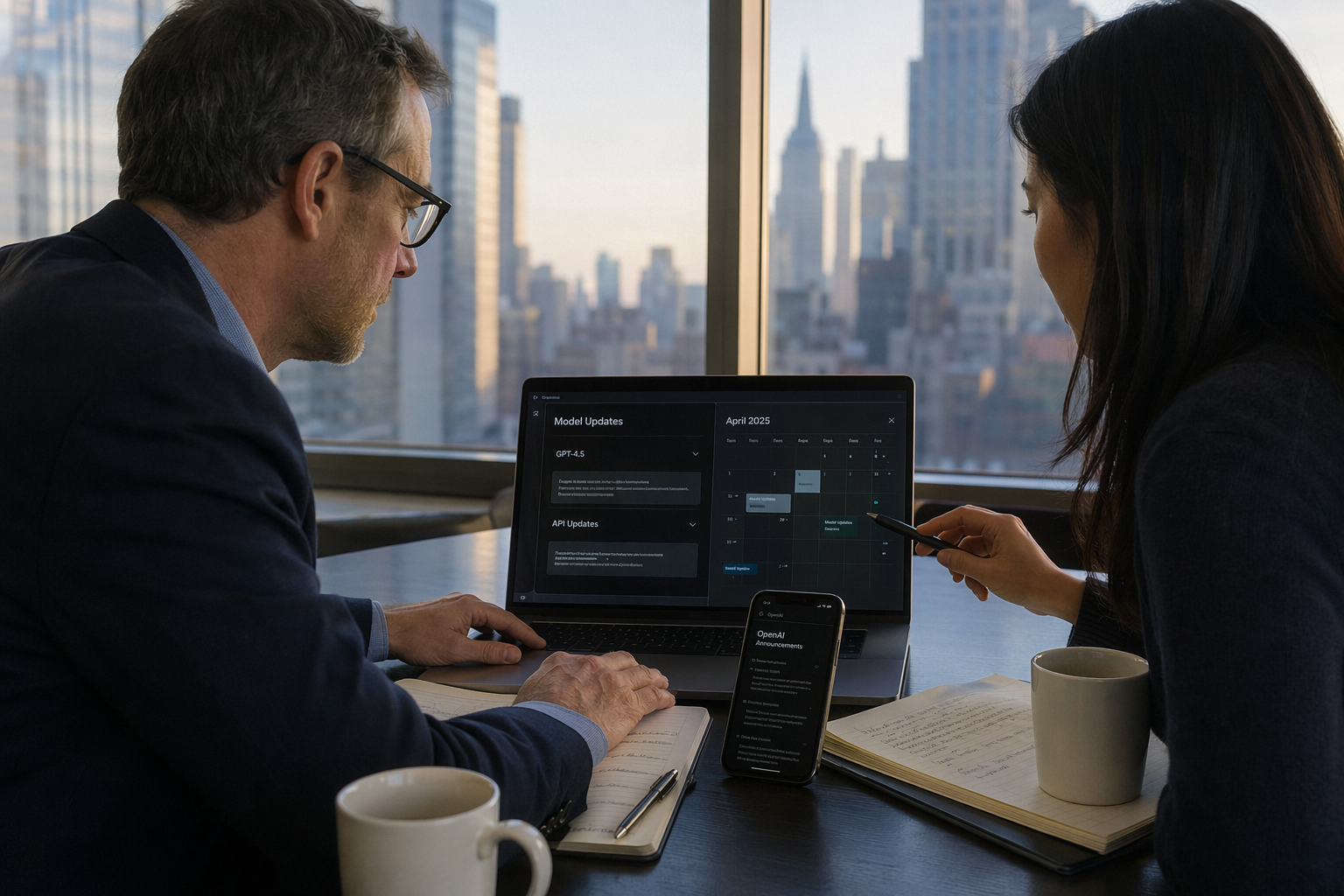 A business executive and an AI analyst sit at a sleek conference table beside a large window overlooking a city skyline in