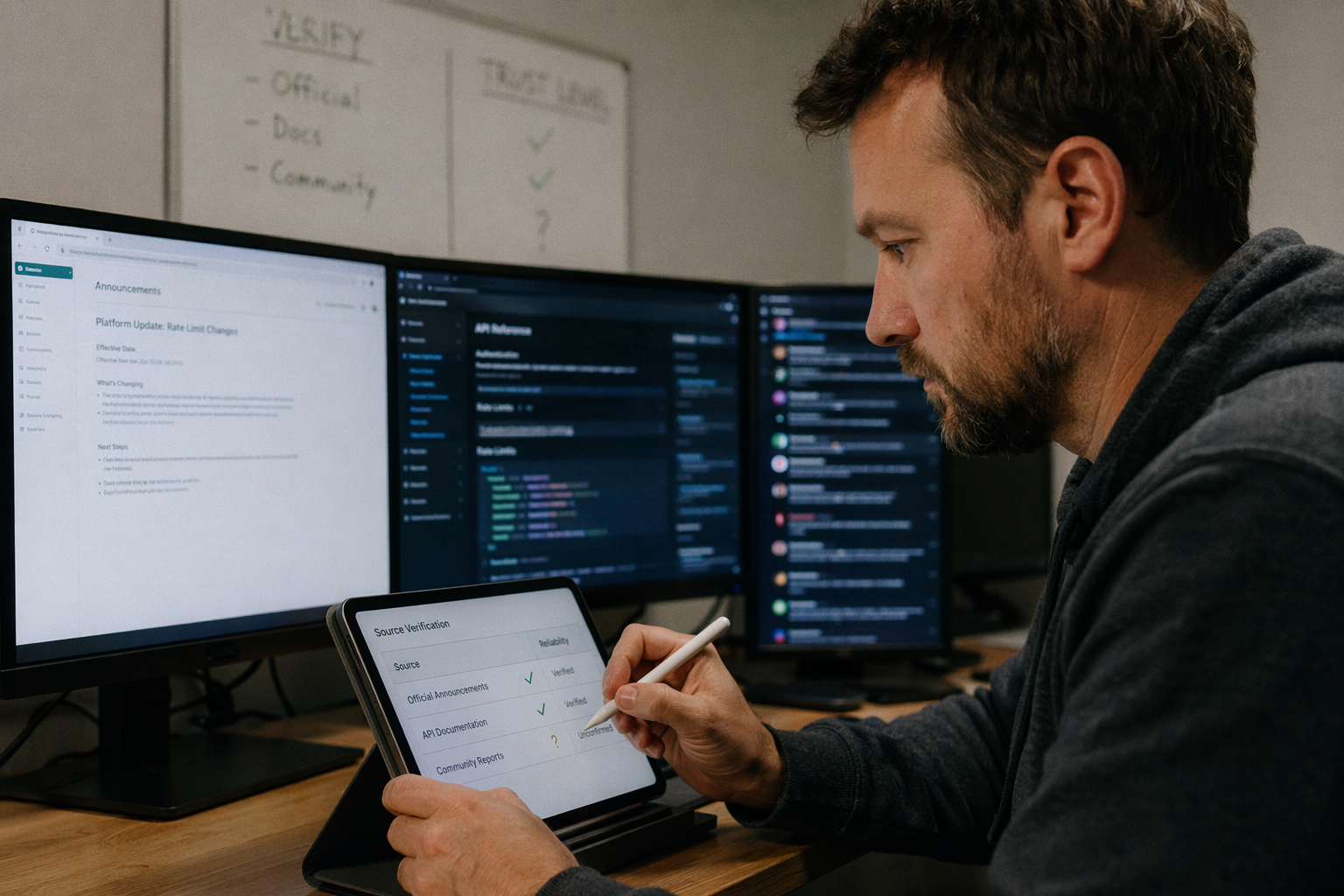 A close-up photo-style scene of a product researcher comparing three sources on multiple monitors: an official announcements