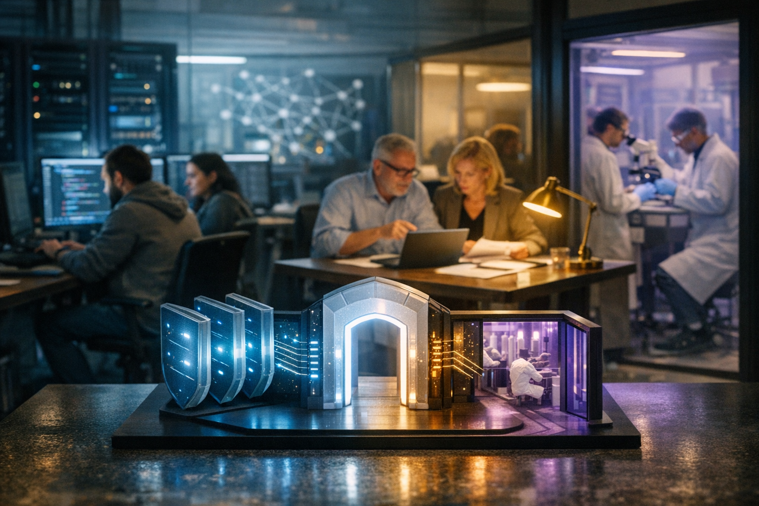 A cinematic enterprise AI operations center divided into three distinct zones: a startup engineering team integrating a