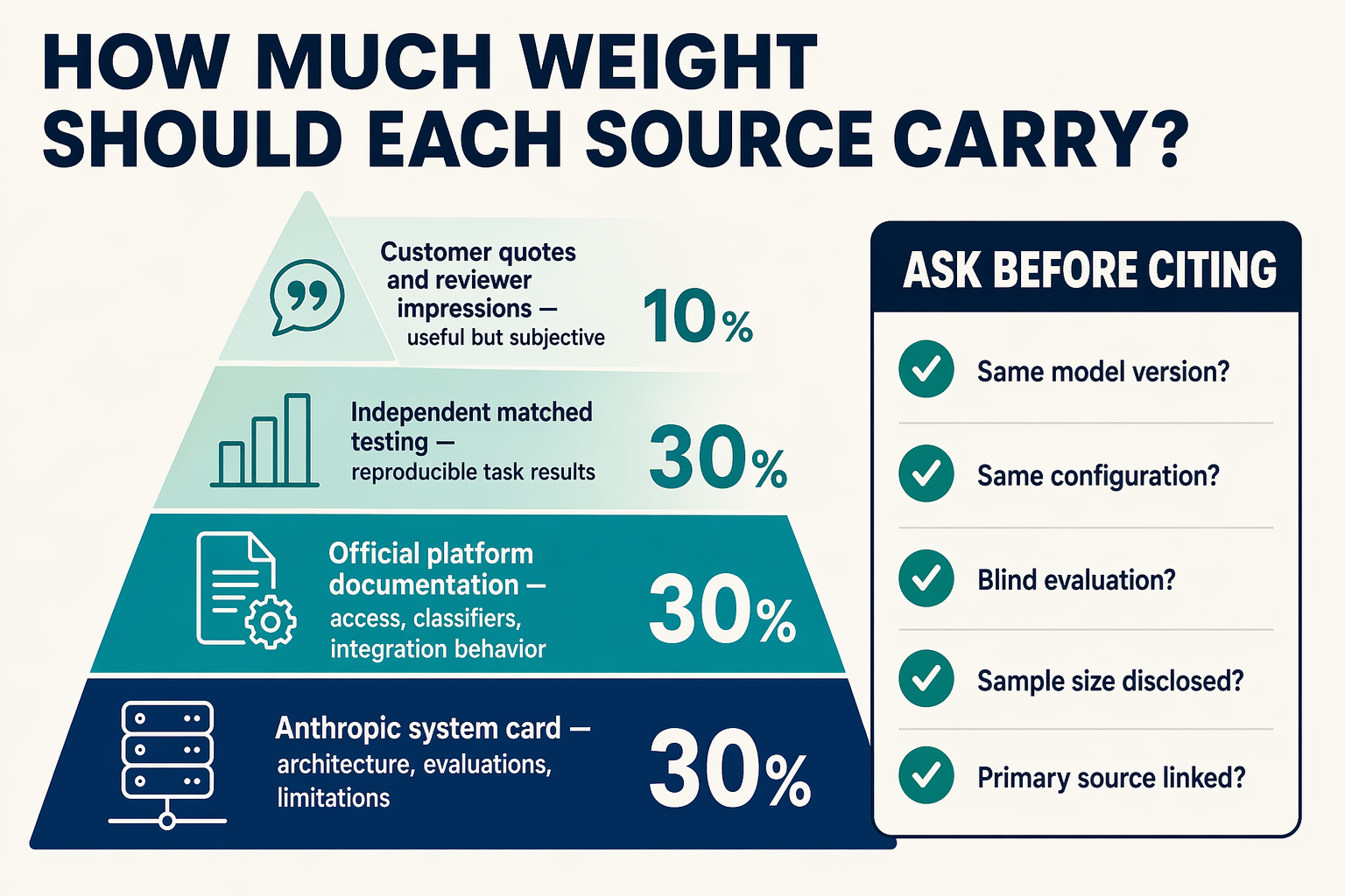 An evidence-pyramid infographic titled HOW MUCH WEIGHT SHOULD EACH SOURCE CARRY?